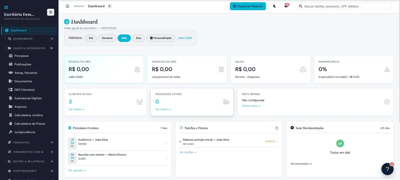 Dashboard real do AdvSmart com visão de receitas, despesas, clientes, processos e tarefas